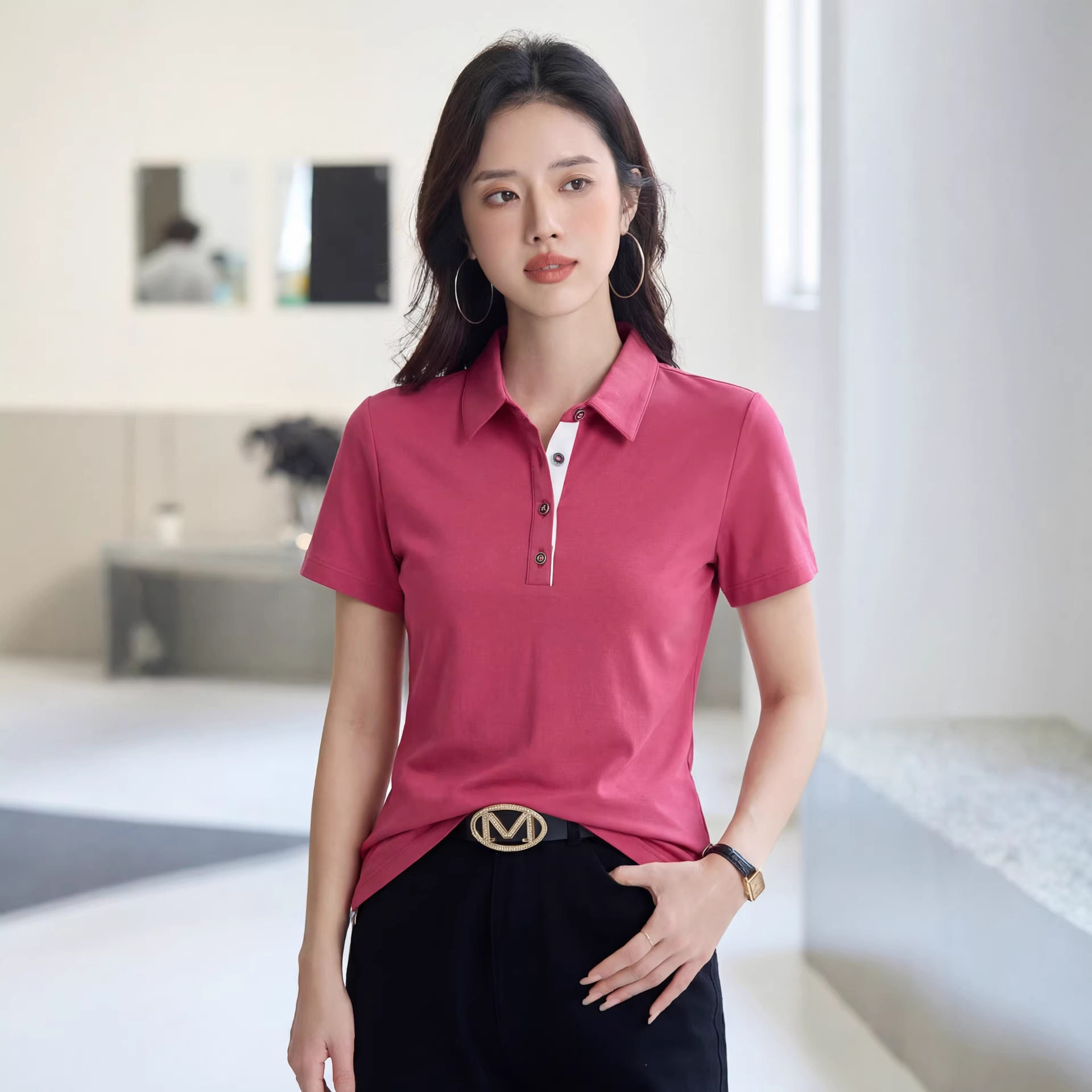 2026夏装纯色翻领韩版修身女装短袖T恤简约时尚上衣小polo衫1818