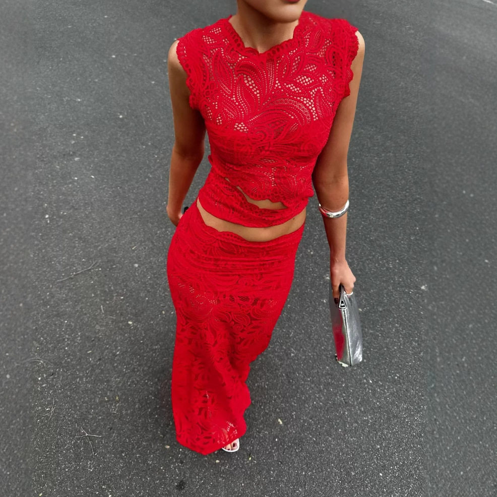 Red Lace Sleeveless Top and Mermaid Skirt Set Sexy Design Irregular Hem Elegant Style Perfect for Parties and Events