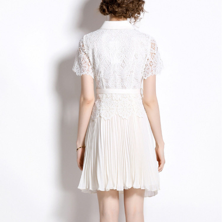 French Style Short Sleeve Lace Top with Button Ruffled Fashion Skirt Set Summer Wear for Women Wholesale Available