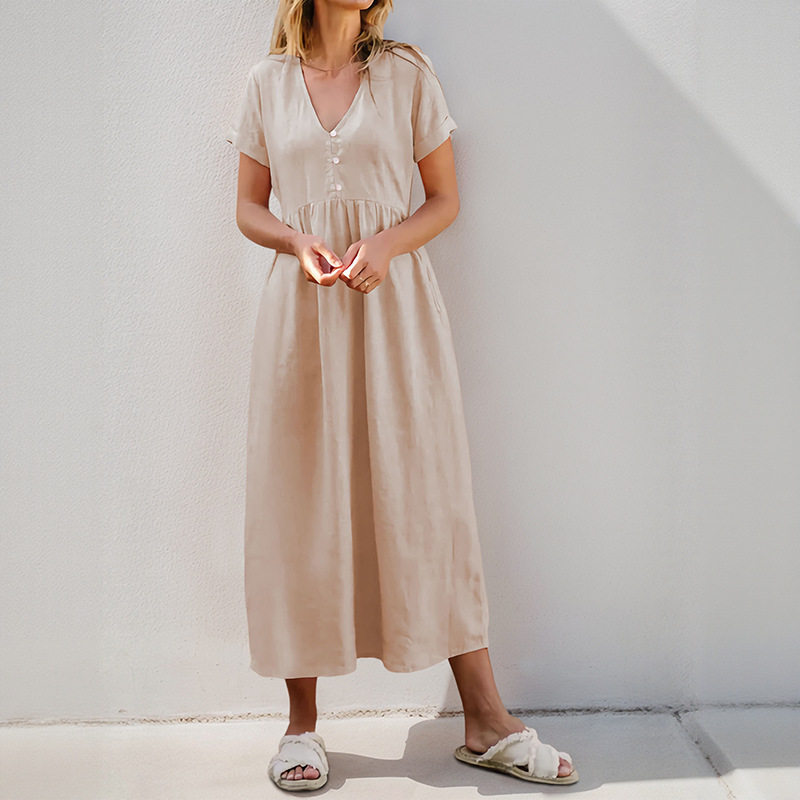 Casual Loose Button V Neck Solid Color Dress New Arrival European and American Style Perfect for Everyday Wear