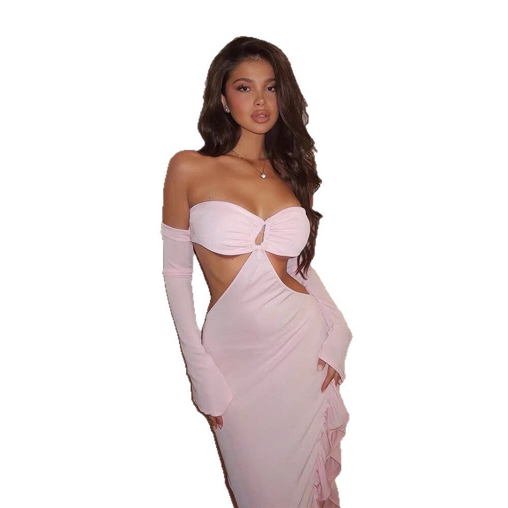 Sexy Strapless Lace Evening Gown Ruffled Hem High Slit Bodycon Fit Perfect for Red Carpet Events Wholesale Available