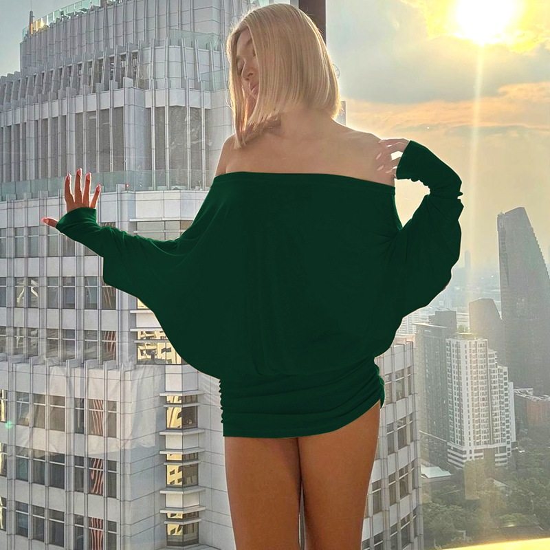 欧美风女装2025春季新品性感纯欲风一字领抽褶紧身包臀连衣裙