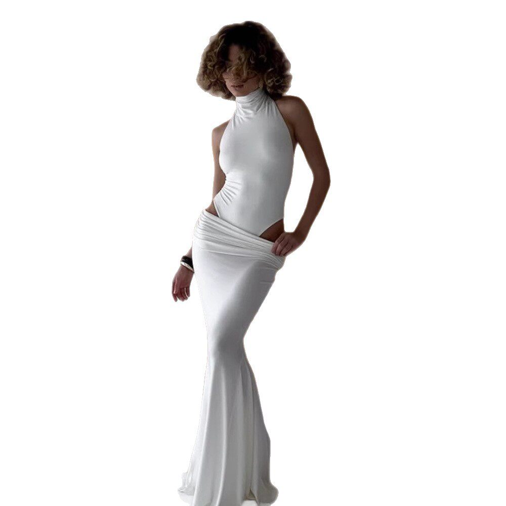 Sleeveless Halter Jumpsuit and Mini Skirt Set High Stretch Bodycon Fit Solid Color Fashionable for Parties and Events