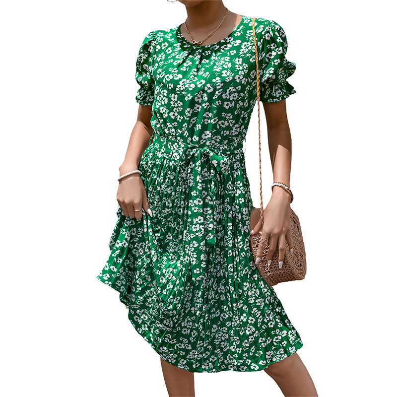 Summer Floral Print Pleated Dress Fresh Design Round Neck Tie Waist Casual Wear for Women OEM Available