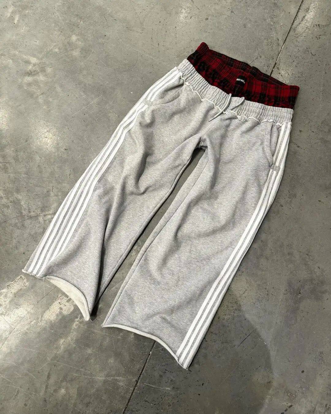 American casual sports pants with three bars on the side, plaid, comfortable and loose wide-leg straight sweatpants, street trend