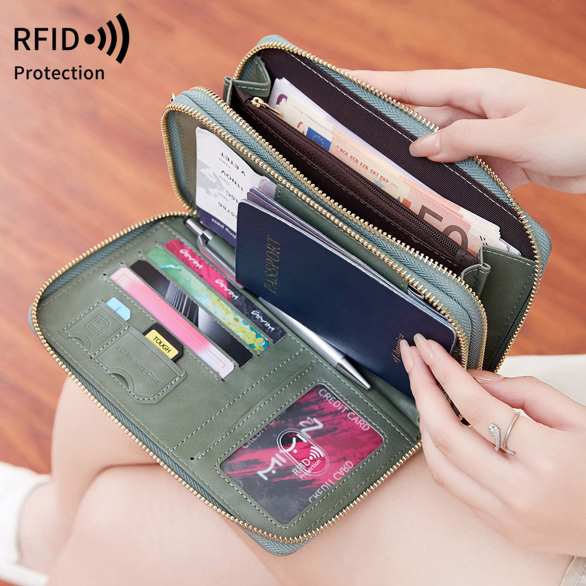 Cross-border New RFID Anti-theft Brush Passport Bag Long Zipper Crossbody Passport Wallet Multifunctional Storage ID Bag