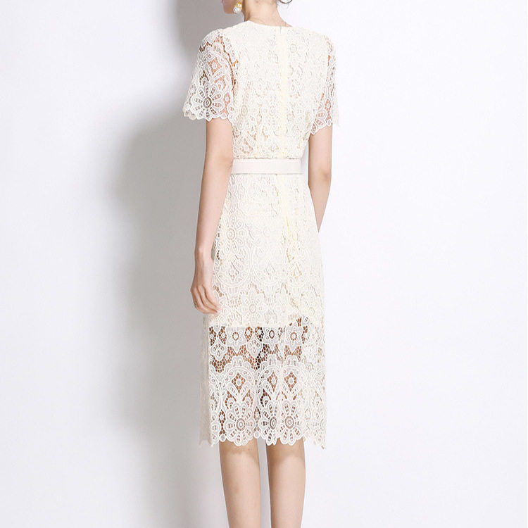 French Style Summer Dress Elegant Fitted Design Square Neck Beaded and Rhinestone Embellishments Mid Length Lace