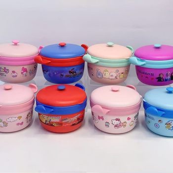 Stainless steel children's water filling heating bowl baby with handle plate baby tableware cute cartoon bowl with lid