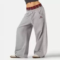 European and American Tk Cross-Border American Retro Striped Embroidered Sports Casual Pants, Loose Fit, Unisex, Double Waistband, Faux Two-Piece Sweatpants