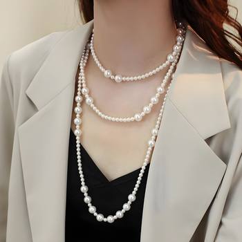Long Pearl Stacked Necklace Women's 2025 New Explosive Multi-Layer Retro Elegant Woolen Chain High-Level Clavicle Chain