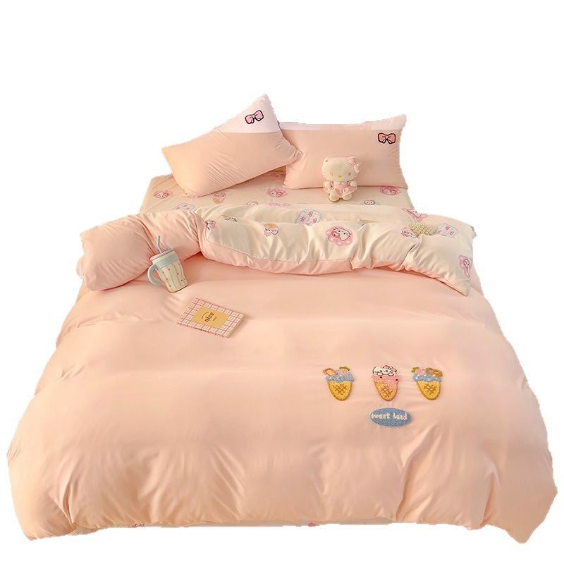 New A-Class Towel Embroidery Printed Four-Piece Dormitory Cute Bedding Set Washed Cotton Duvet Cover Fitted Sheet Three-Piece Set 4