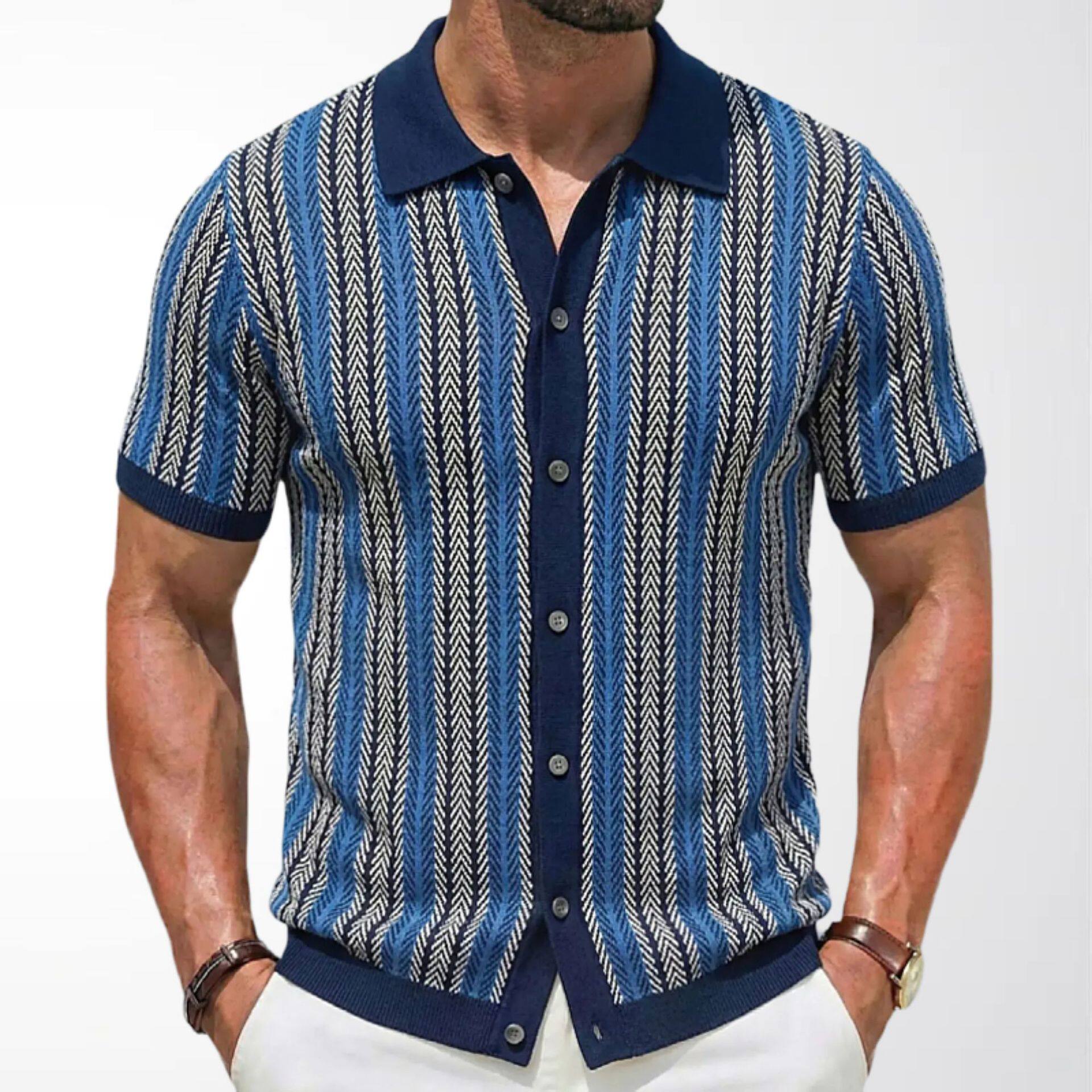 欧美外贸男士高端短袖针织衫夏季新款条纹提花商务Polo衫潮SY0116