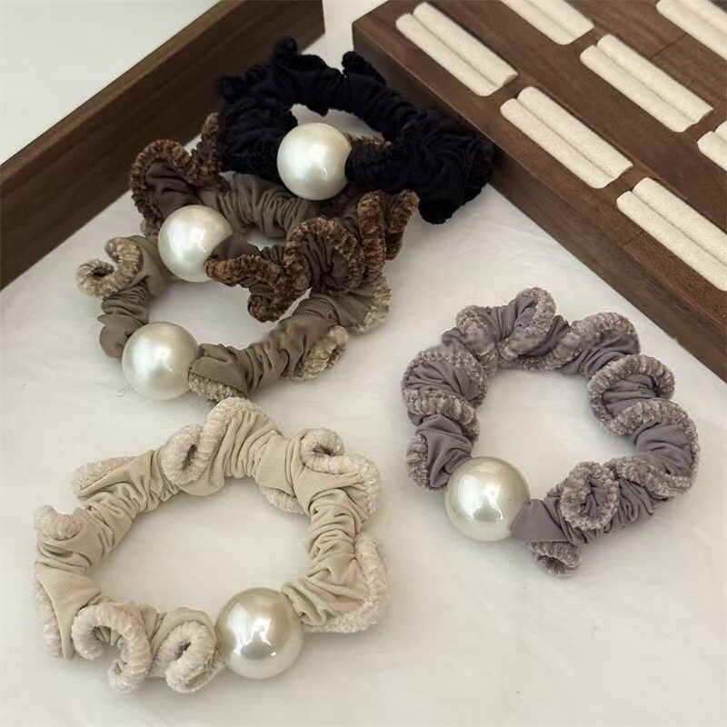 Pearl Plush Curly Hair Tie, Versatile High-Elastic Fabric Hair Band for Women, Bun Maker, Elegant Hair Tie, Fluffy
