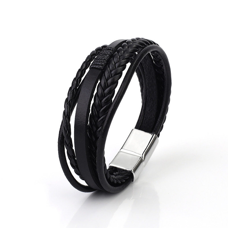 Cross-border popular PU leather rope woven bracelet men's personality temperament bracelet alloy magnetic buckle bracelet ethnic style jewelry