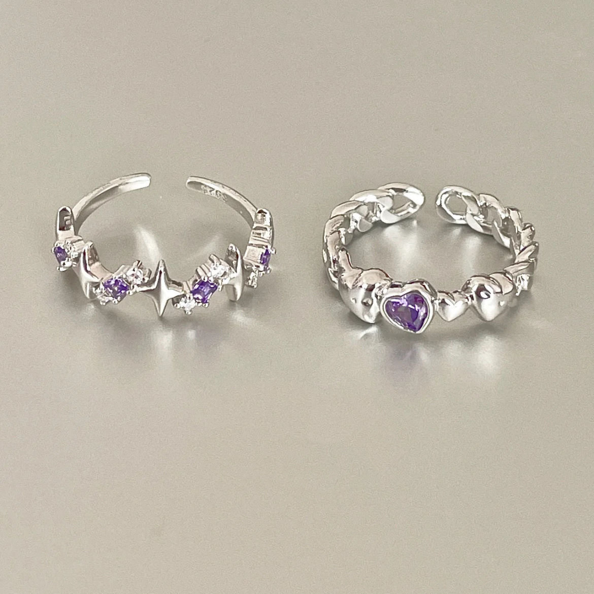 Dream Starry Sky Purple Diamond Love Ring Women's Niche Ins Trendy Light Luxury Four Mans Star Index Finger Ring Sweet Cool Foods Ring