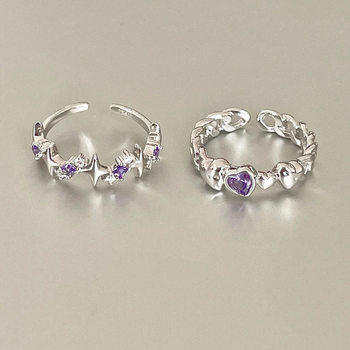 Dream Starry Sky Purple Diamond Love Ring Women's Niche Ins Trendy Light Luxury Four Mans Star Index Finger Ring Sweet Cool Foods Ring