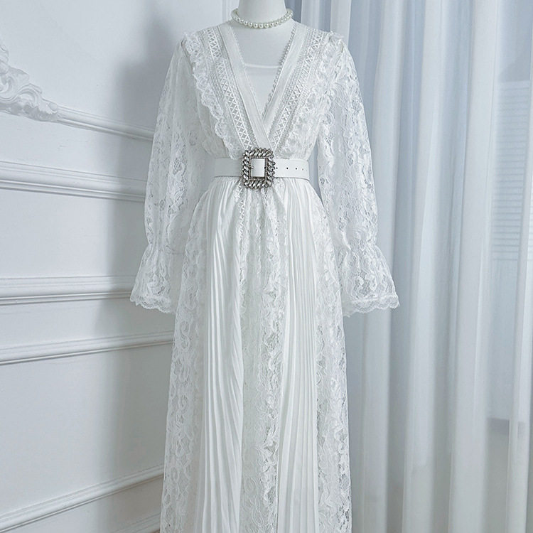 Elegant Lace V Neck Dress French Chic Waist Tie Pleated Skirt Long Sleeve Perfect for Autumn Events Wholesale