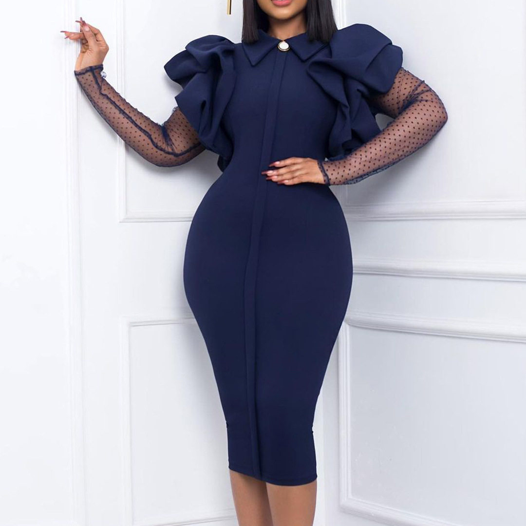 Plus Size Womens Dress Mesh Panel Pleated Design Elegant Office Style Autumn Winter Collection Wholesale Available
