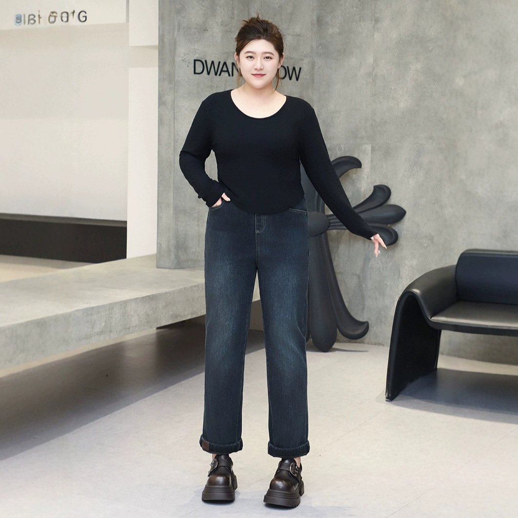 300斤大码高腰直筒牛仔裤女秋冬加绒胖mm200显瘦遮胯直筒烟管裤子 - 图1