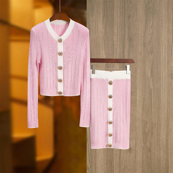 ~ spot ~ pink and white contrast color long sleeve rivet buckle top waist hip skirt temperament socialite skirt two-piece set