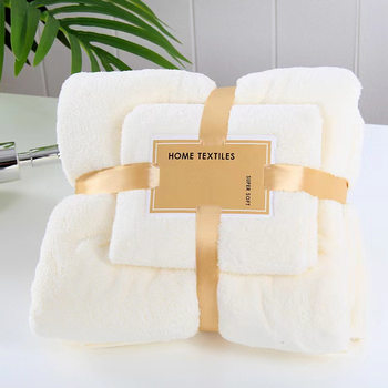 High-Density Coral Velvet Towel Set Kuaishou Douyin Bath Towel Towel Set Absorbent Towel Skin-Friendly Off-White