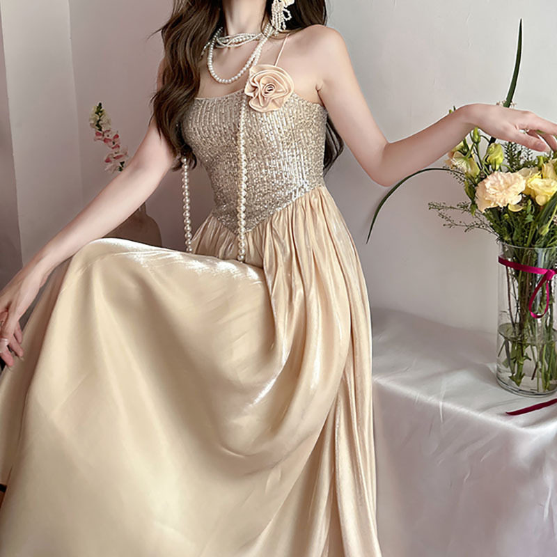 Đầm maxi nữ thắt eo cổ tròn không tay họa tiết 3D hoa nổi — Rượu vang đỏ chi tiết 6