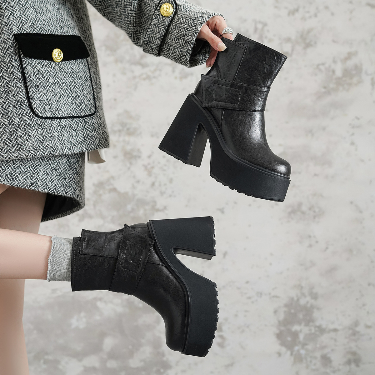 Boot nữ da cừu gót thô đế dày tăng chiều cao khóa kéo bên hông — Lớp lót đơn màu đen, Lớp lót đơn màu nâu, Lót nhung đen, Lót nhung màu nâu