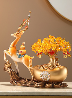 招财摇钱树元鹿摆件开业乔迁礼品水晶发财树家居客厅酒柜装饰品