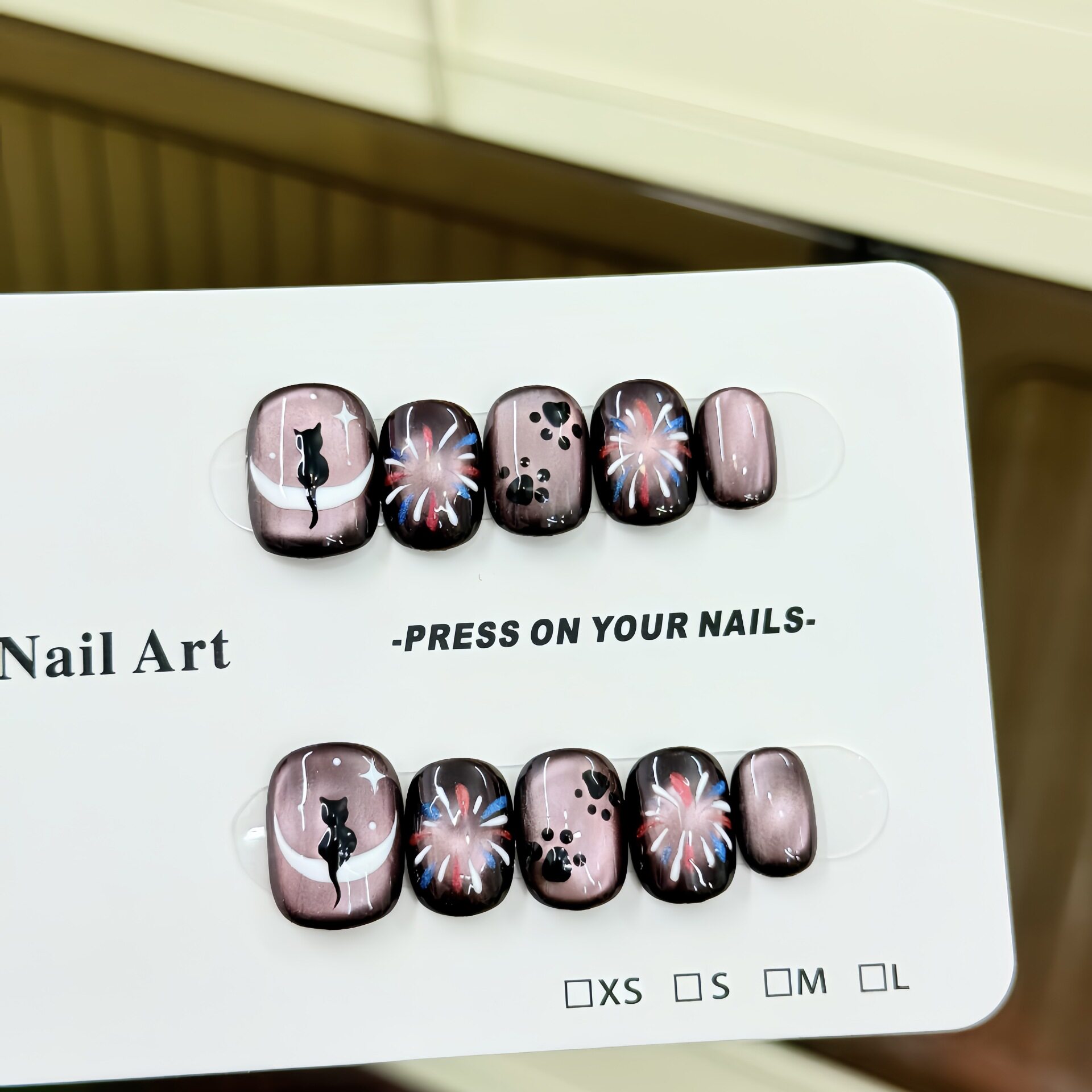 Moonlight Cat Pure Handmade Wearable Nails Purely Hand-Painted Fireworks Cute Cat Cat Eye Therapy Nails Fake Nails Nail Art Stickers