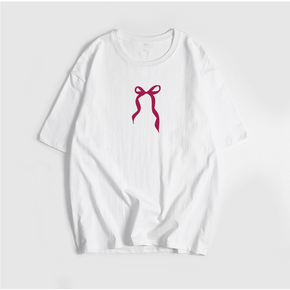Womens Vintage Bow Print T Shirt Summer Casual Style Loose Fit Round Neck Short Sleeve 100 Cotton Wholesale