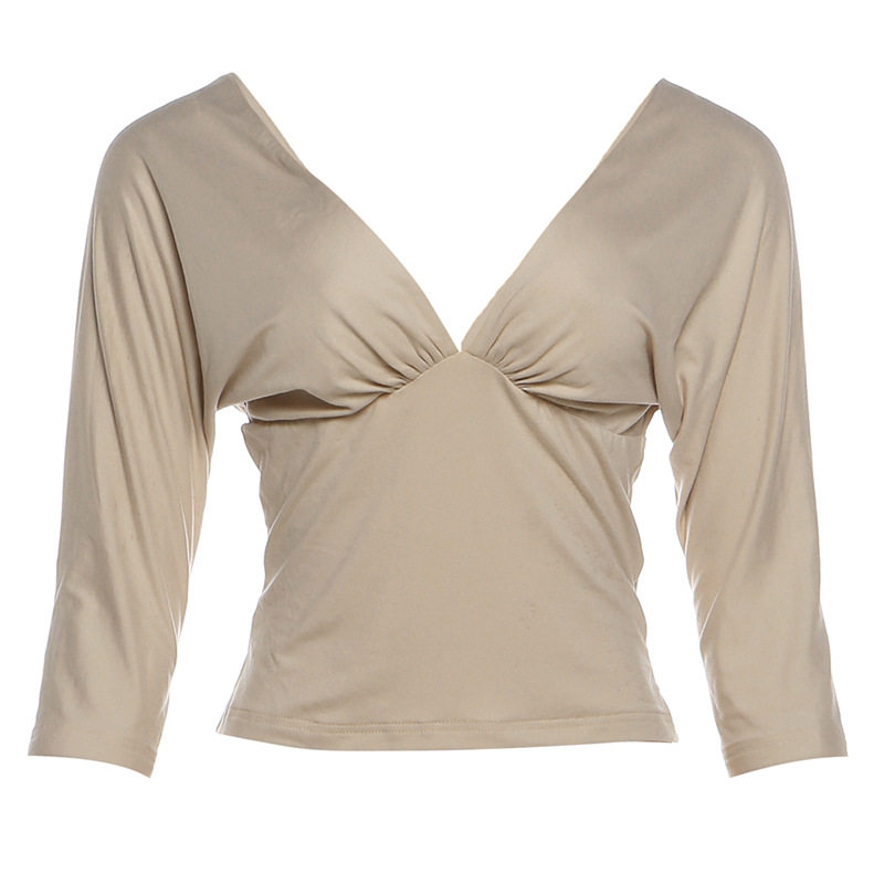 Womens Summer Deep V Neck T Shirt Slim Fit Backless Mid Sleeve Casual Chic Style Wholesale Available