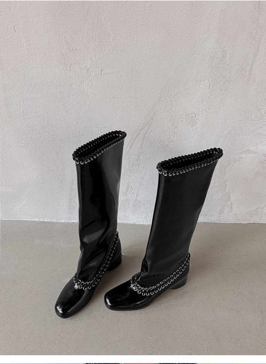 Boot nữ cổ cao ôm bắp chân mũi vuông đính 钉 gót xuồng — Màu đen bên trong, Màu kaki, Trong danh sách đen, Trong danh sách kaki