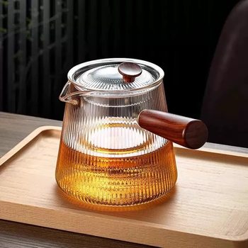 Side-Handle Glass Teapot with Thickened High-Temperature Resistant Wooden Handle, Filter Tea Maker, Single Pot Electric Ceramic Stove Water Boiling Tea Set