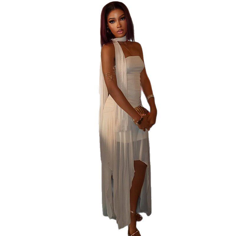 Womens Sheer Mesh Bodycon Dress Off Shoulder Irregular Hem Solid Color Backless Evening Party Wear Wholesale
