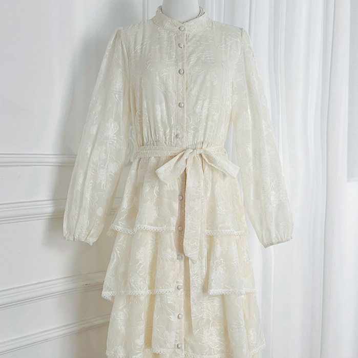 Elegant Lace Trimmed Ruffled Hem Dress High End French Style Waist Tie Slim Fit Autumn Fashion for Women Wholesale