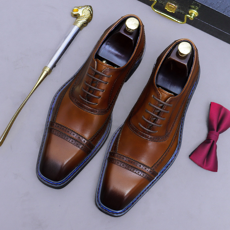 Giày Oxford nam da bò thật mũi vuông buộc dây phong cách công sở — Màu nâu (viền xanh), Màu nâu (viền đen), Đen (viền xanh), Đen (viền đen)