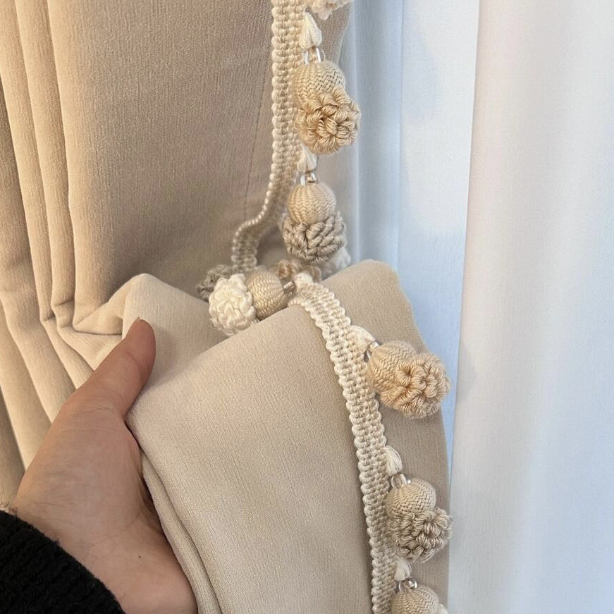 Curtain Lace Accessories with Tassels on the Side, Trendy Pine Cone Ball Decoration, Black Valance Splicing Edge Tassels, No Sewing Required