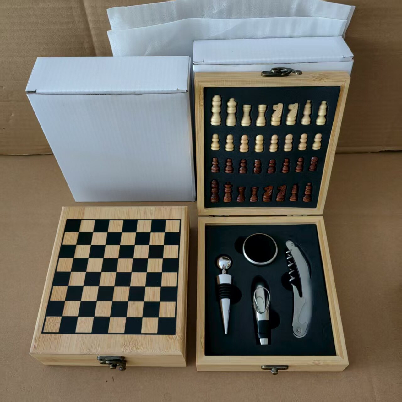 Wholesale Red Wine Bottle Opener Four-Piece Set Solid Wood Pine Box Holiday Celebration Wine Set Home Gift Wine Stopper