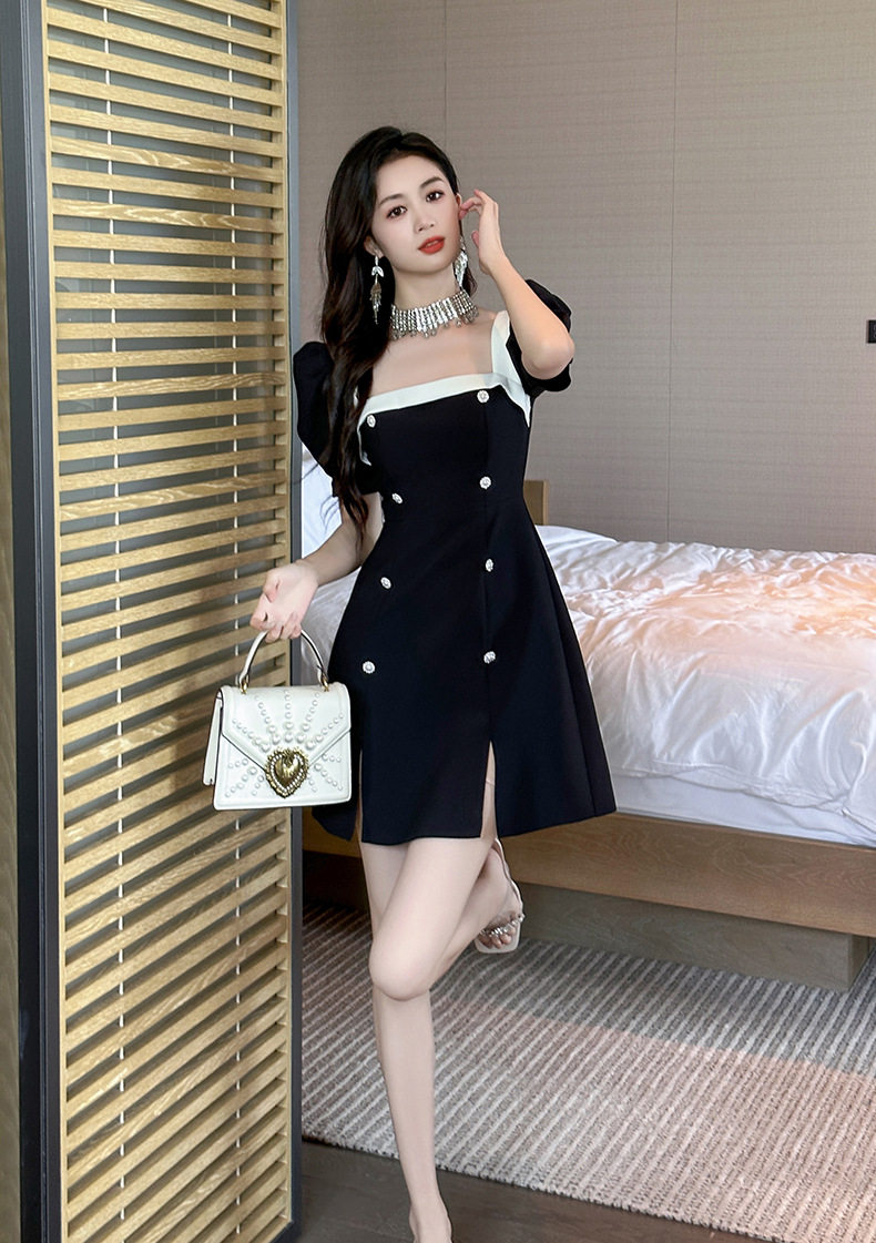 Đầm suông nữ midi cổ vuông tay ngắn, dáng chữ A, nhấn eo, phong cách Pháp — [Đen] chi tiết 8