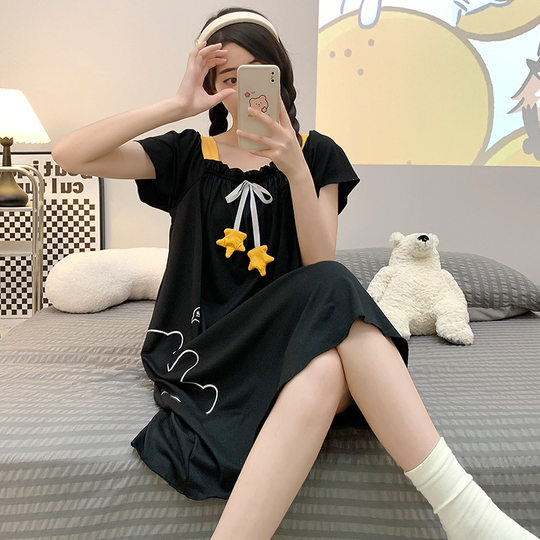 Knitted Cotton Pajamas Women's Summer Cute Sweet Han Feng Short-sleeved Mid-length Nightgown Plus Large Size 220 Jin Home Clothes