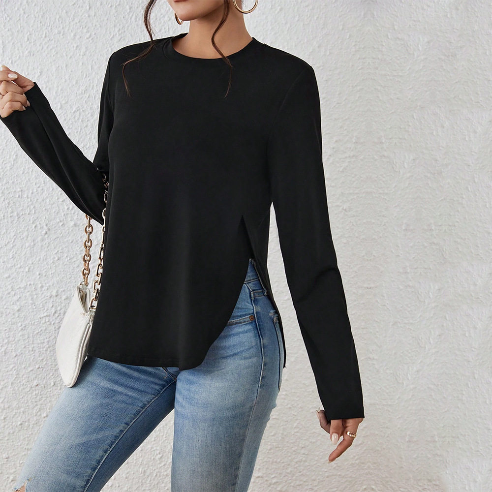 Womens Casual Loose Fit Long Sleeve T Shirt Round Neck Side Slit Versatile Style Autumn Winter Collection