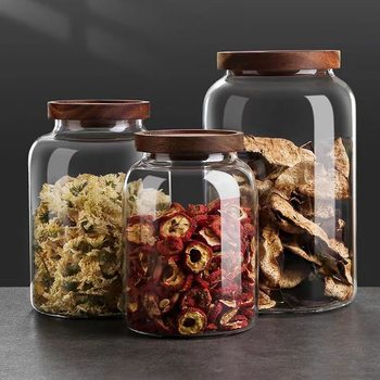 High Borosilicate Glass Large Storage Jar Transparent Acacia Wood Tea Jar Multi-grain Dried Fruit Storage Bottle Moisture-proof Sealed Jar