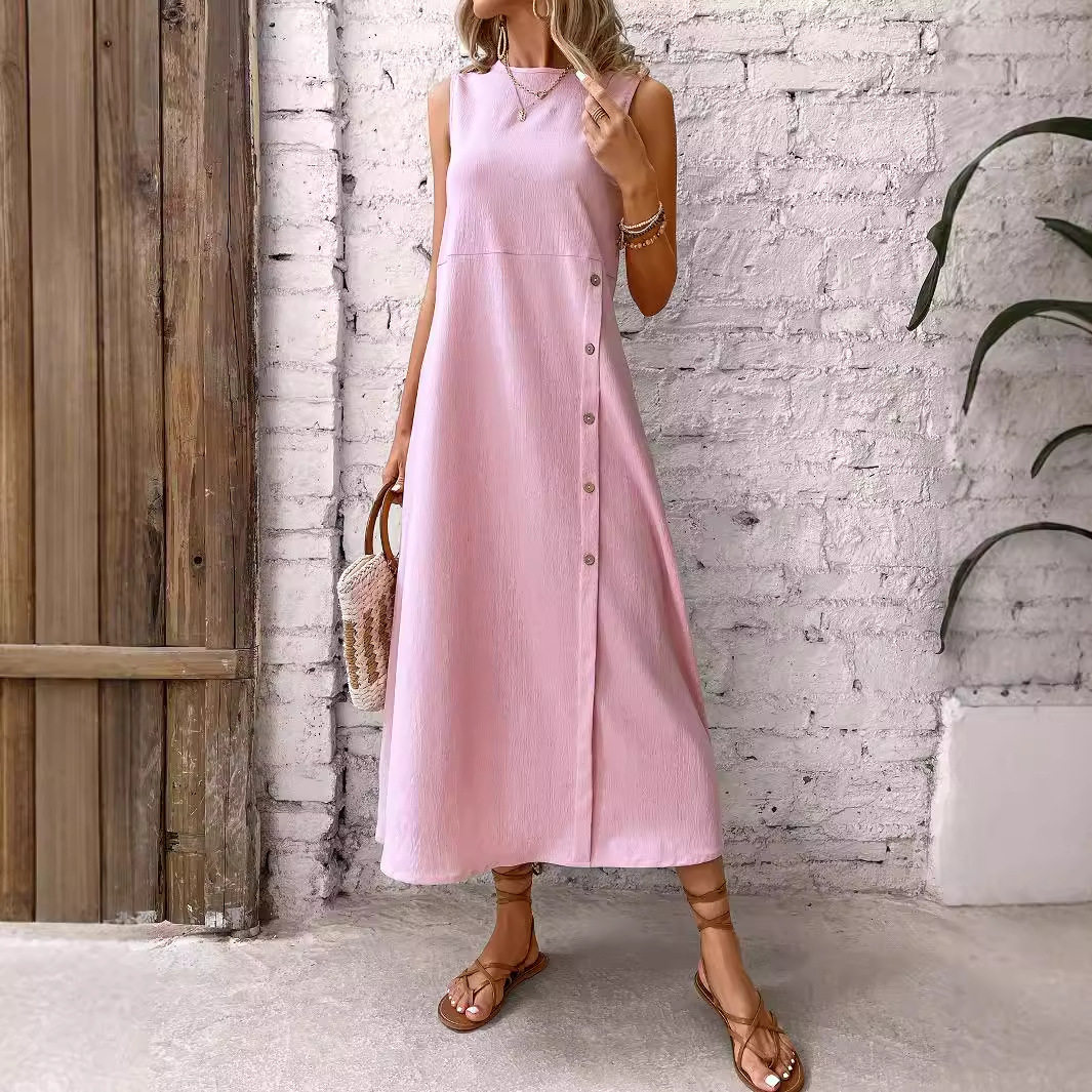 Loose Fit Sleeveless Round Neck Dress Solid Color Straight Cut Comfortable Fabric Casual Summer Wear Wholesale