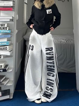 Curryman American Retro Letter Print Stripesd Splicing Sweatpants Women's Autum Loose Casual Sports Wide-Leg Pants