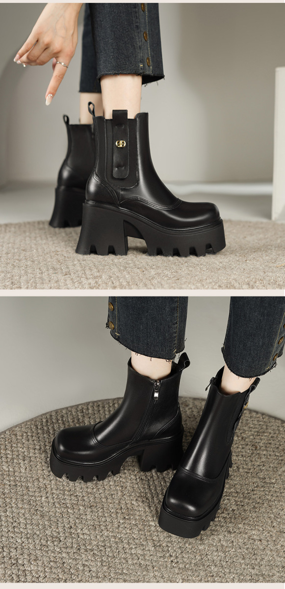 Boot Chelsea nữ gót thô đế dày tăng chiều cao — đen, Màu trắng nhạt