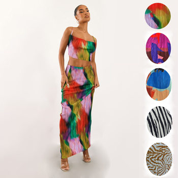 European and American Cross-Border Amazon Popular Printed Pleated Two-Piece Suspender Women's Top + Slim Long Skirt Qm025