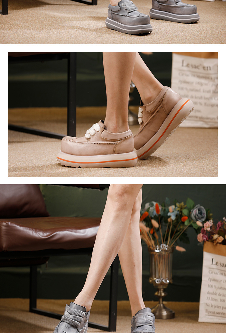 Giày Derby nữ da bò thật đế dày cổ thấp phong cách cổ điển — Màu kaki, màu xám
