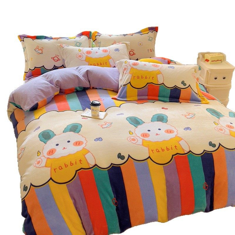 Class a Fresh and Simple Thickened Milk Velvet Four-Piece Set Winter Cartoon Velvet Duvet Cover Warm Coral Velvet Dormitory Three-Piece Set