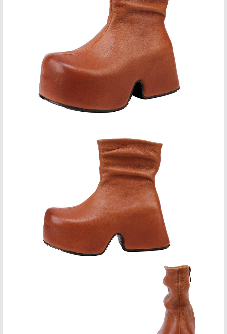 Boot nữ da bò thật cổ thấp đế dày tăng chiều cao phong cách cổ điển — màu đen, màu nâu