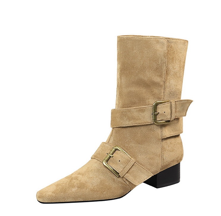 Boot nữ cổ trung mũi vuông khóa thắt lưng gót vừa phong cách retro — màu đen, nâu đậm, quả mơ